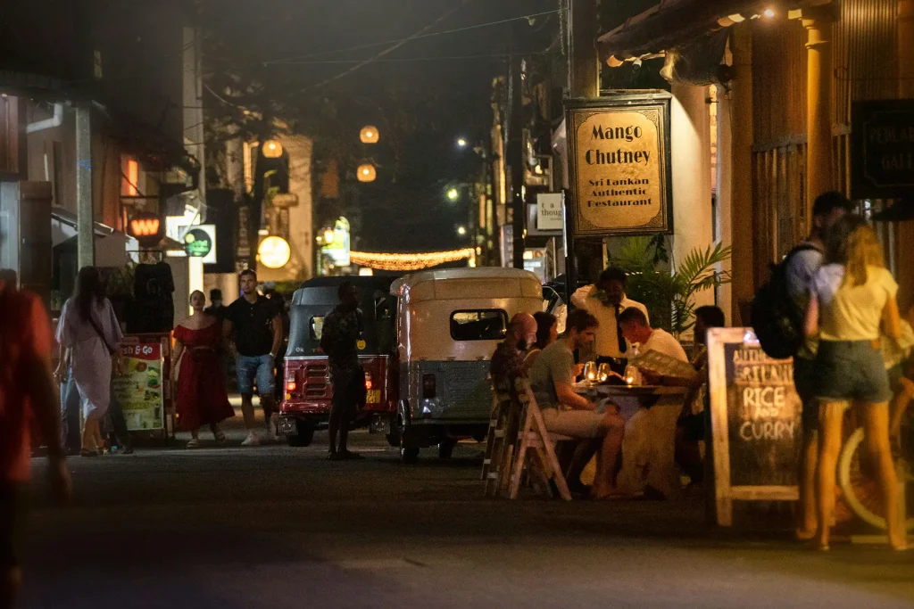 galle fort restaurant street scene at night