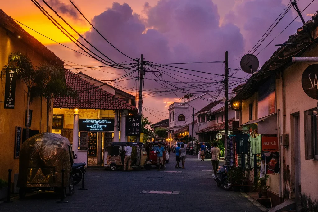 galle fort street scene at dusk