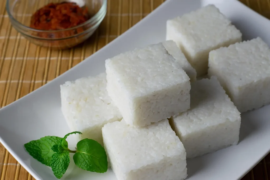A plate of traditional Sri Lankan Kiribath (milk rice) served with spicy sambol, a must-try dish on any Sri Lanka foodie tour